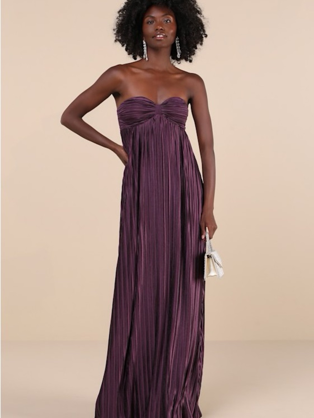 Lulus Whimsical Beauty Satin Pleated Plisse Strapless Maxi Dress Dark Purple - Picture 13 of 16